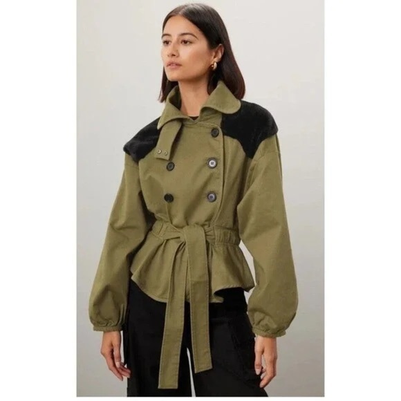 Marissa Webb Jackets & Blazers - MARISSA WEBB Faux Fur Belted Coat Olive Green Utility Trench Jacket Size 6